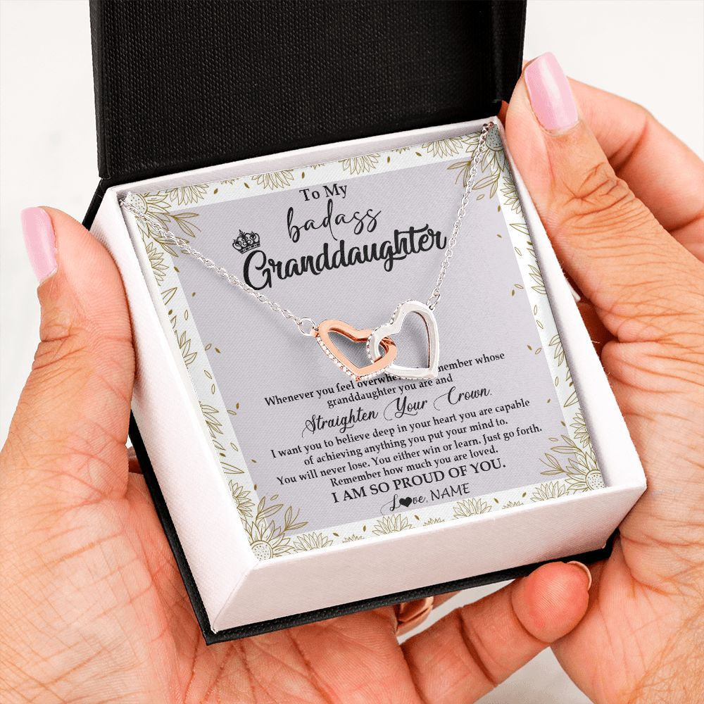 Interlocking Hearts Necklace | Personalized To My Granddaughter Necklace From Grandma Nana Straighten Your Crown Granddaughter Birthday Graduation Christmas Customized Gift Box Message Card | teecentury