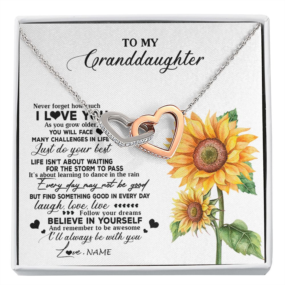 Interlocking Hearts Necklace | Personalized To My Granddaughter Necklace From Grandma Nana Sunflower Wood Laugh Love Live Granddaughter Birthday Christmas Customized Gift Box Message Card | teecentury