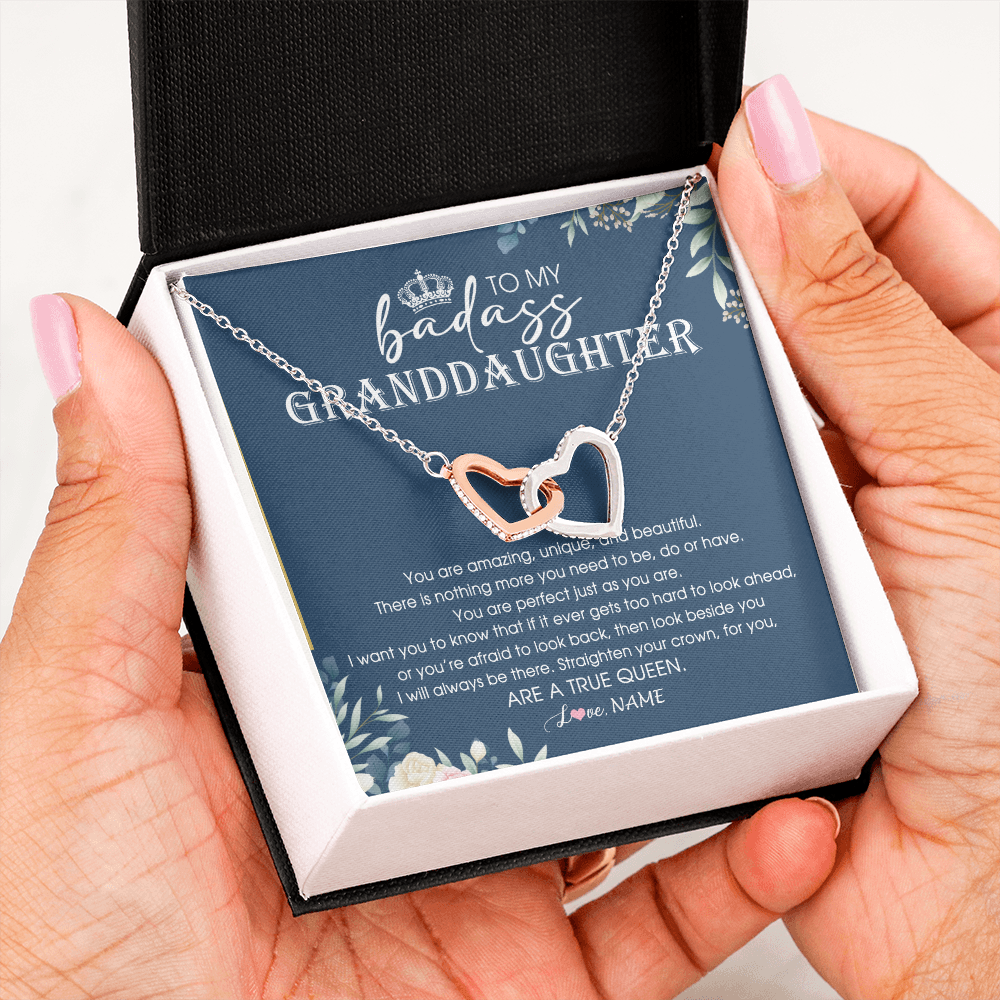 Interlocking Hearts Necklace | Personalized To My Granddaughter Necklace From Grandma Straighten Your Crown Queen Granddaughter Jewelry Birthday Christmas Customized Gift Box Message Card | teecentury