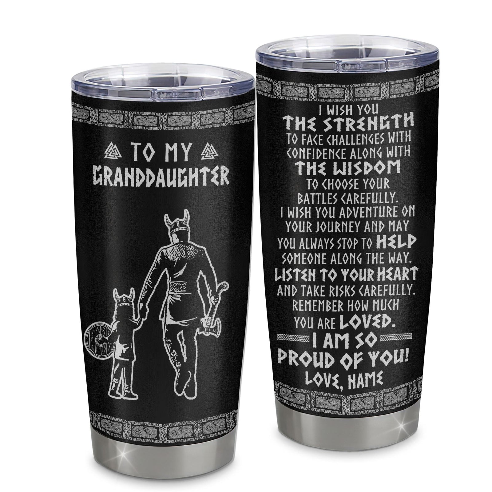 Personalized To My Granddaughter Viking Tumbler From Papa Grandpa Stainless Steel Cup I Am So Proud Of You Runes Viking Birthday Christmas Travel Mug | teecentury