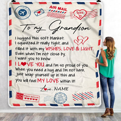 Personalized To My Grandson Blanket From Grandma Nana Grandpa Air Mail Letter I Love You Grandson Birthday Christmas Graduation Customized Fleece Blanket | teecentury