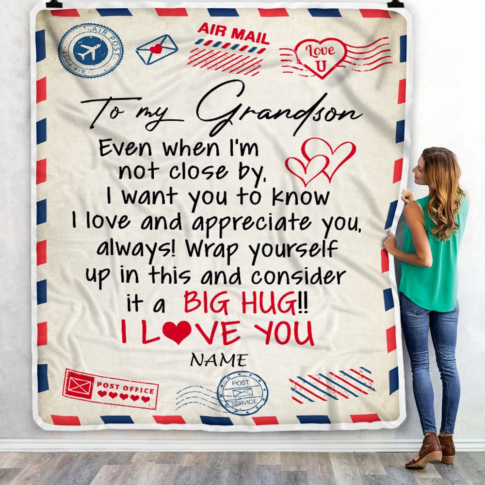Personalized To My Grandson Blanket From Grandma Nana Grandpa I Love You Hugs Air Mail Letter Birthday Christmas Graduation Customized Fleece Blanket Blanket | Teecentury.com