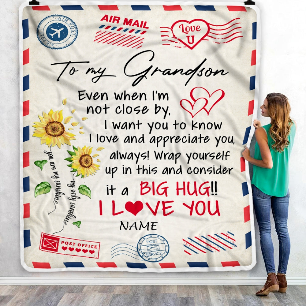 Personalized To My Grandson Blanket From Grandma Nana Grandpa Love Big Hug Air Mail Letter Sunflower Birthday Christmas Graduation Customized Fleece Throw Blanket Blanket | Teecentury.com