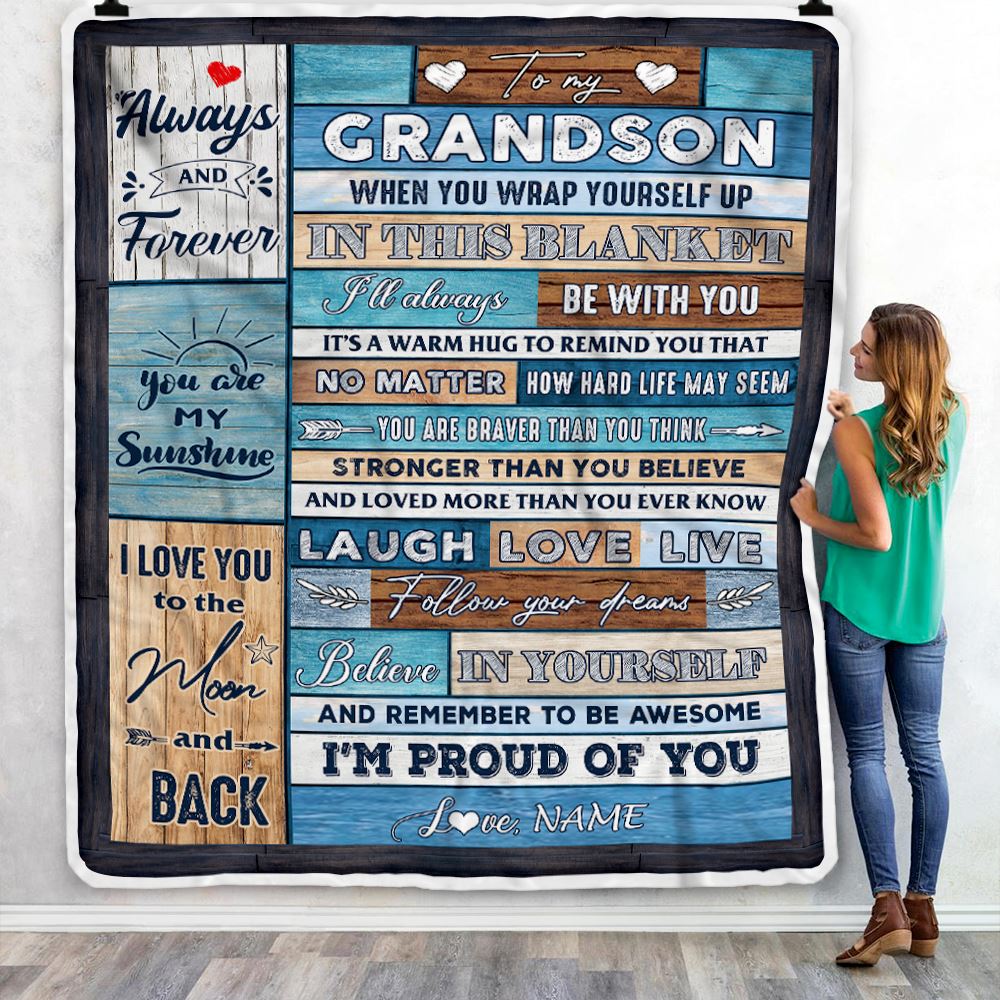 Personalized To My Grandson Blanket From Grandma Nana Papa Believe in Yourself Wood Grandson Birthday Graduation Christmas Customized Bed Fleece Throw Blanket | teecentury