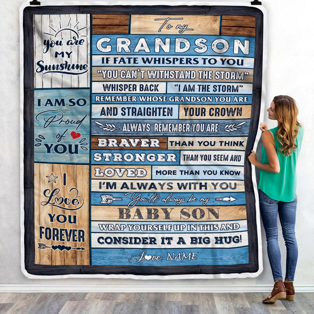 Personalized To My Grandson Blanket From Grandma Papa Grandpa Wood I Am The Storm Grandson Birthday Graduation Christmas Customized Fleece Throw Blanket | teecentury