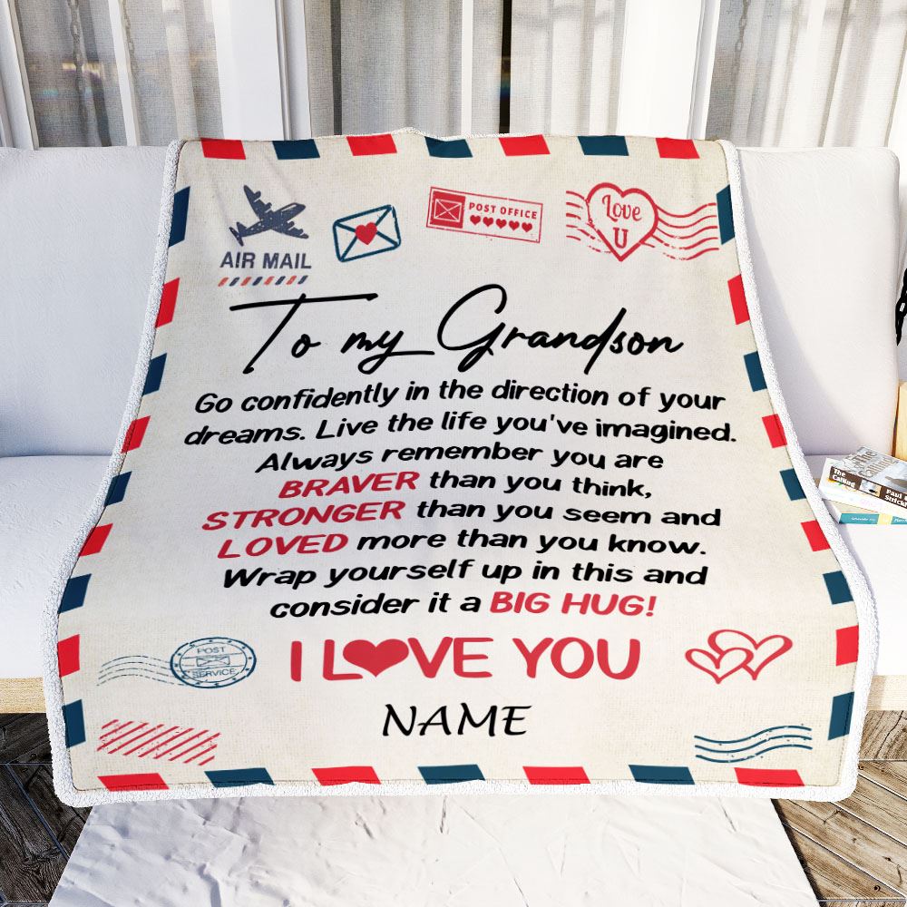 Personalized To My Grandson Blanket From Grandma Pops Air Mail Letter Confidently I Love You Grandson Birthday Graduation Christmas Customized Fleece Blanket | teecentury
