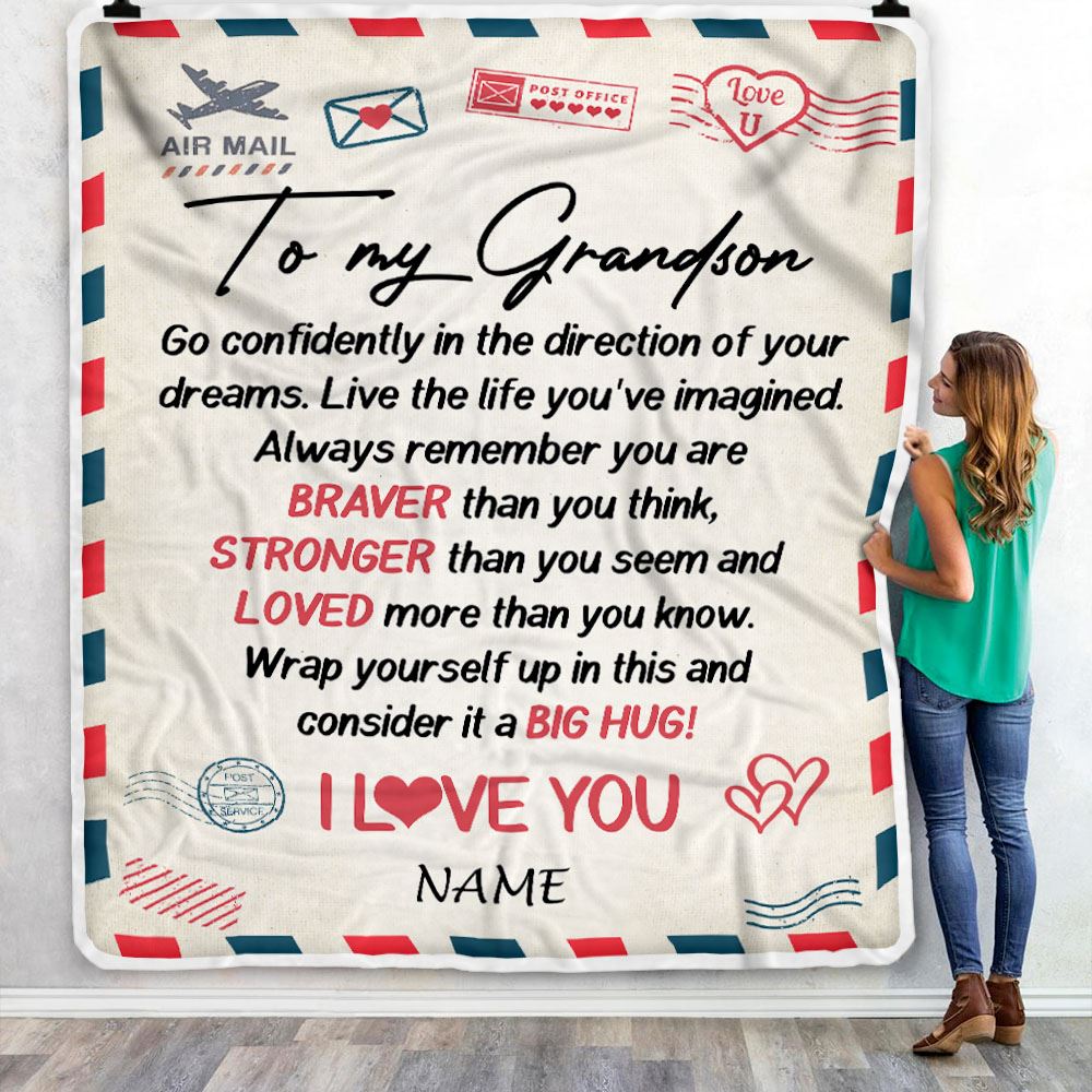 Personalized To My Grandson Blanket From Grandma Pops Air Mail Letter Confidently I Love You Grandson Birthday Graduation Christmas Customized Fleece Blanket | teecentury