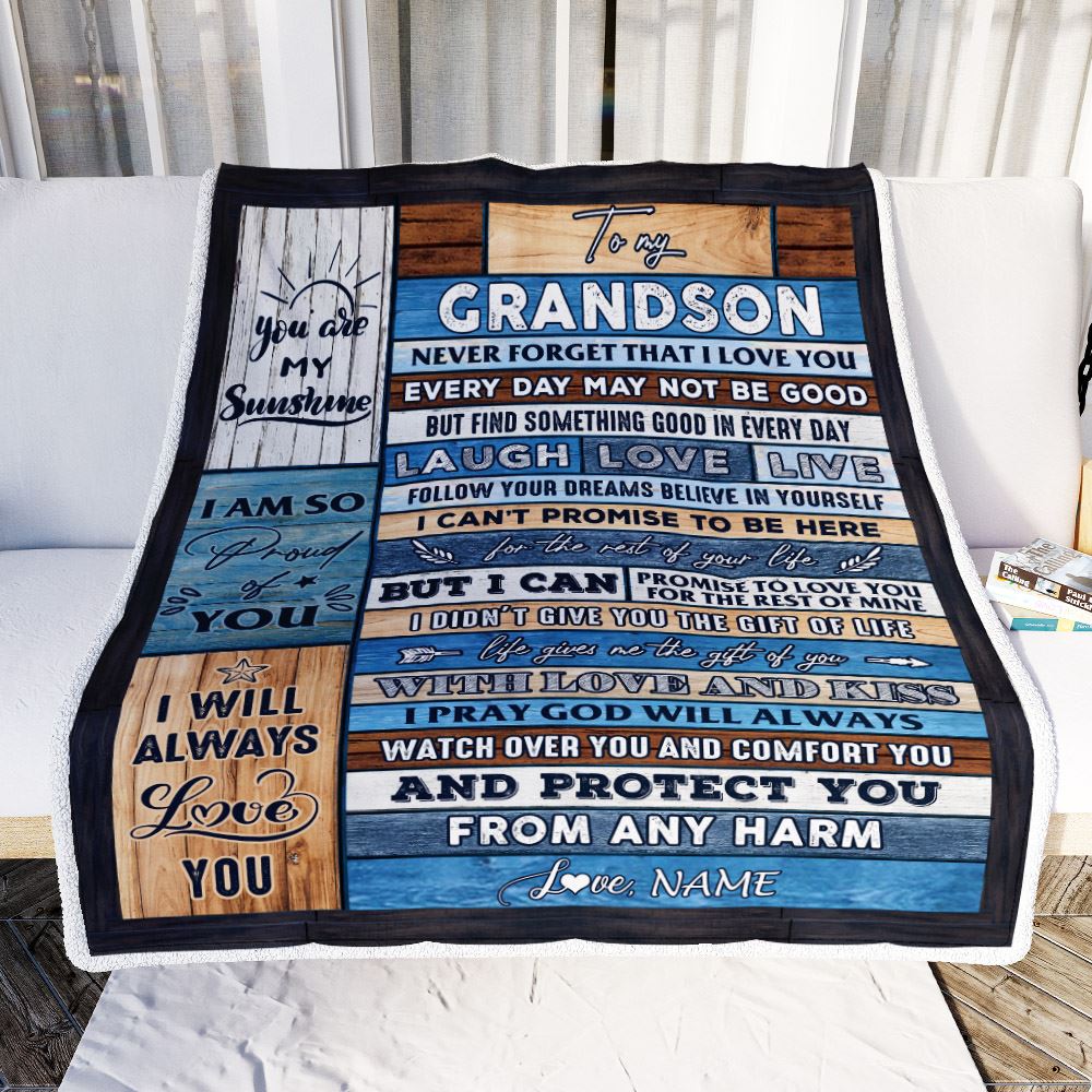Personalized To My Grandson Blanket From Grandpa Grandma Wood You Are My Sunshine I Love You Grandson Birthday Christmas Customized Bed Fleece Throw Blanket | teecentury