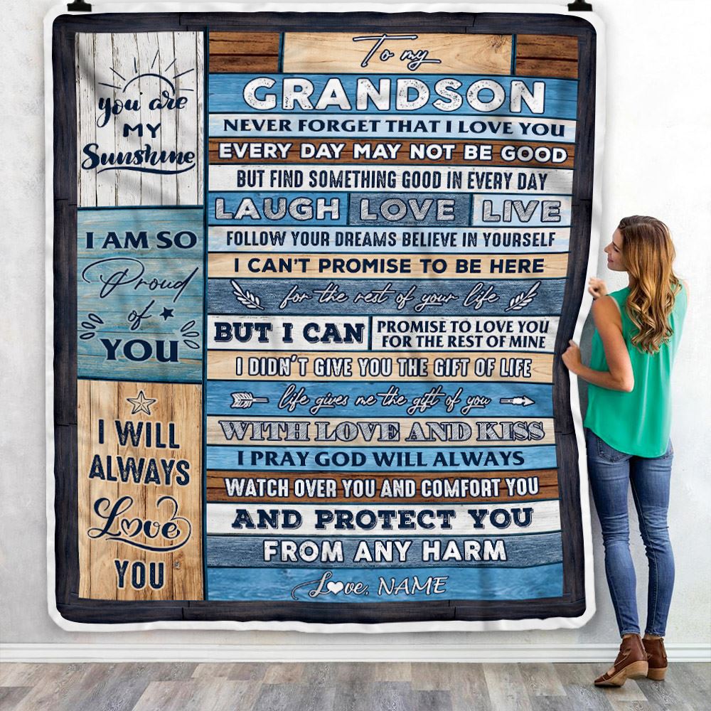 Personalized To My Grandson Blanket From Grandpa Grandma Wood You Are My Sunshine I Love You Grandson Birthday Christmas Customized Bed Fleece Throw Blanket | teecentury