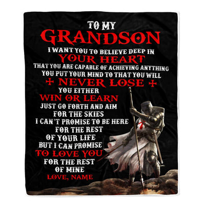 Personalized To My Grandson Knight Templar Blanket From Papa Grandpa You Will Never Lose Grandson Birthday Christmas Customized Bed Fleece Blanket | teecentury