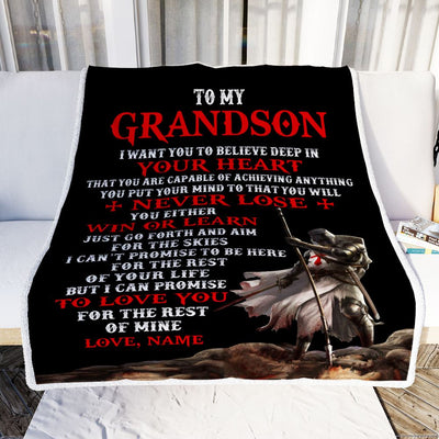 Personalized To My Grandson Knight Templar Blanket From Papa Grandpa You Will Never Lose Grandson Birthday Christmas Customized Bed Fleece Blanket | teecentury