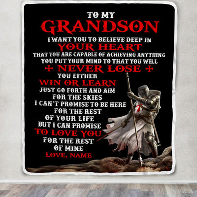 Personalized To My Grandson Knight Templar Blanket From Papa Grandpa You Will Never Lose Grandson Birthday Christmas Customized Bed Fleece Blanket | teecentury