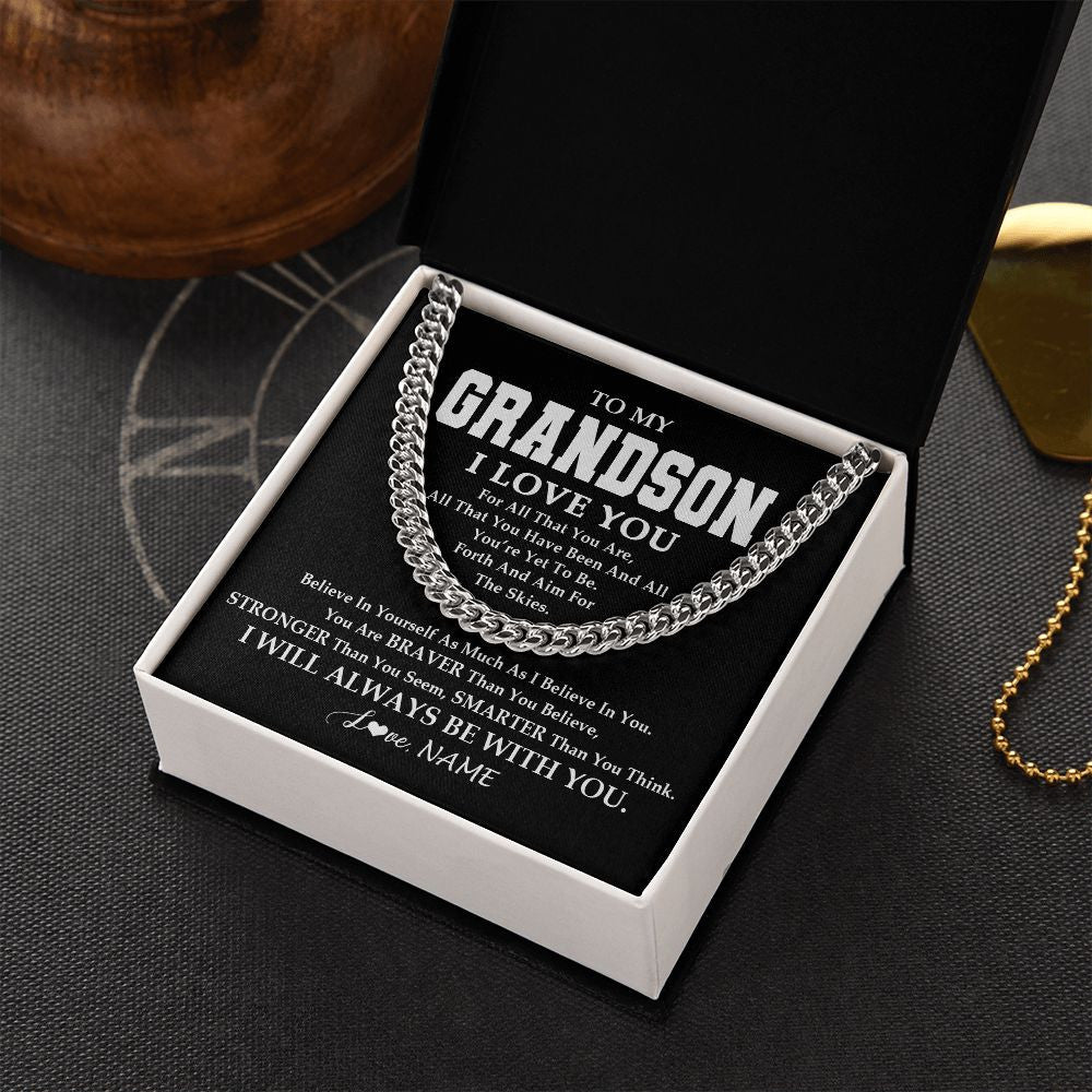 Cuban Link Chain Necklace | Personalized To My Grandson Necklace Cuban From Grandma Papa Believe In Yourself Grandson Birthday Graduation Christmas Customized Gift Box Message Card | teecentury