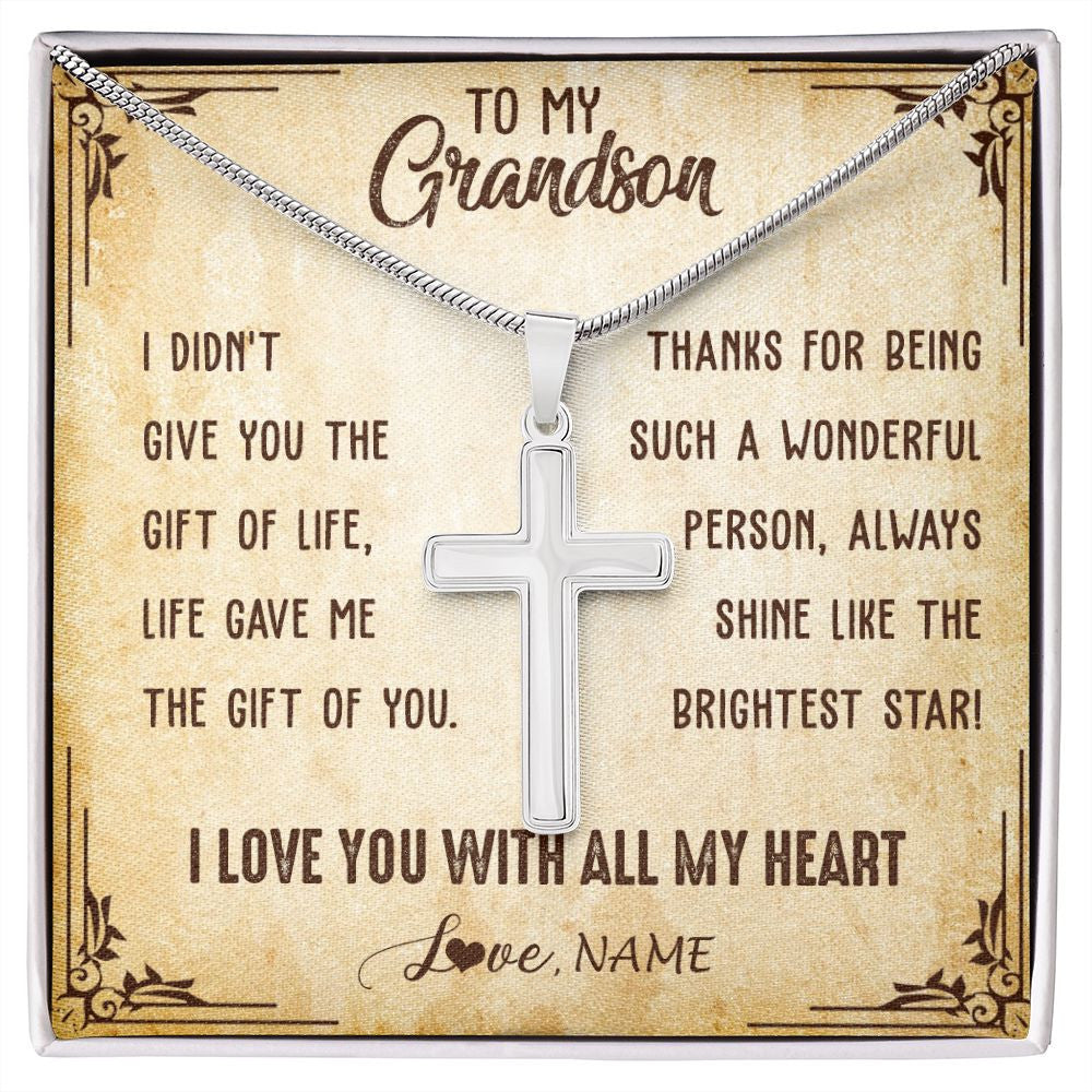 Stainless Cross Necklace | Personalized To My Grandson Necklace From Grandma Grandpa I Love You With All My Heart Grandson Birthday Graduation Christmas Customized Gift Box Message Card | teecentury