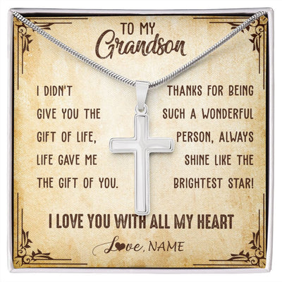 Stainless Cross Necklace | Personalized To My Grandson Necklace From Grandma Grandpa I Love You With All My Heart Grandson Birthday Graduation Christmas Customized Gift Box Message Card | teecentury