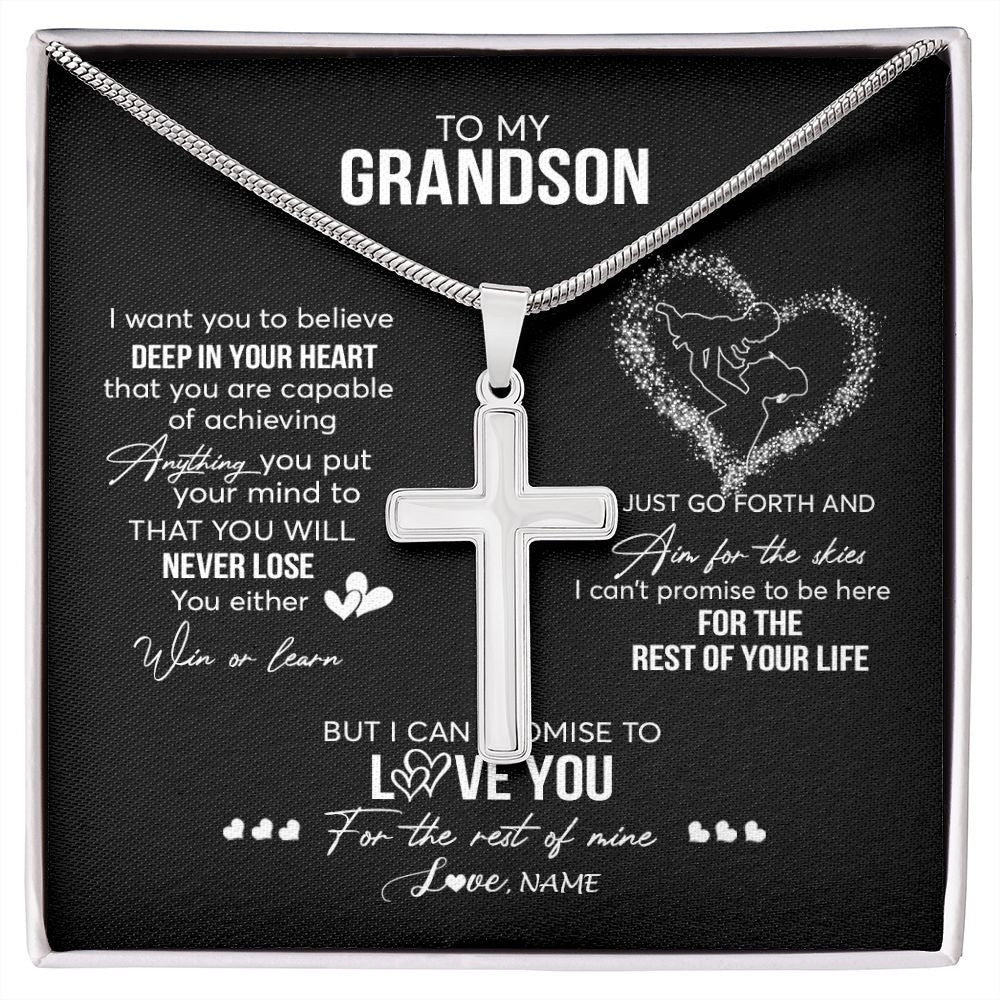 Stainless Cross Necklace | Personalized To My Grandson Necklace From Grandma Nana Promise To Love You Grandson Birthday Christmas Pendant Customized Gift Box Message Card | teecentury