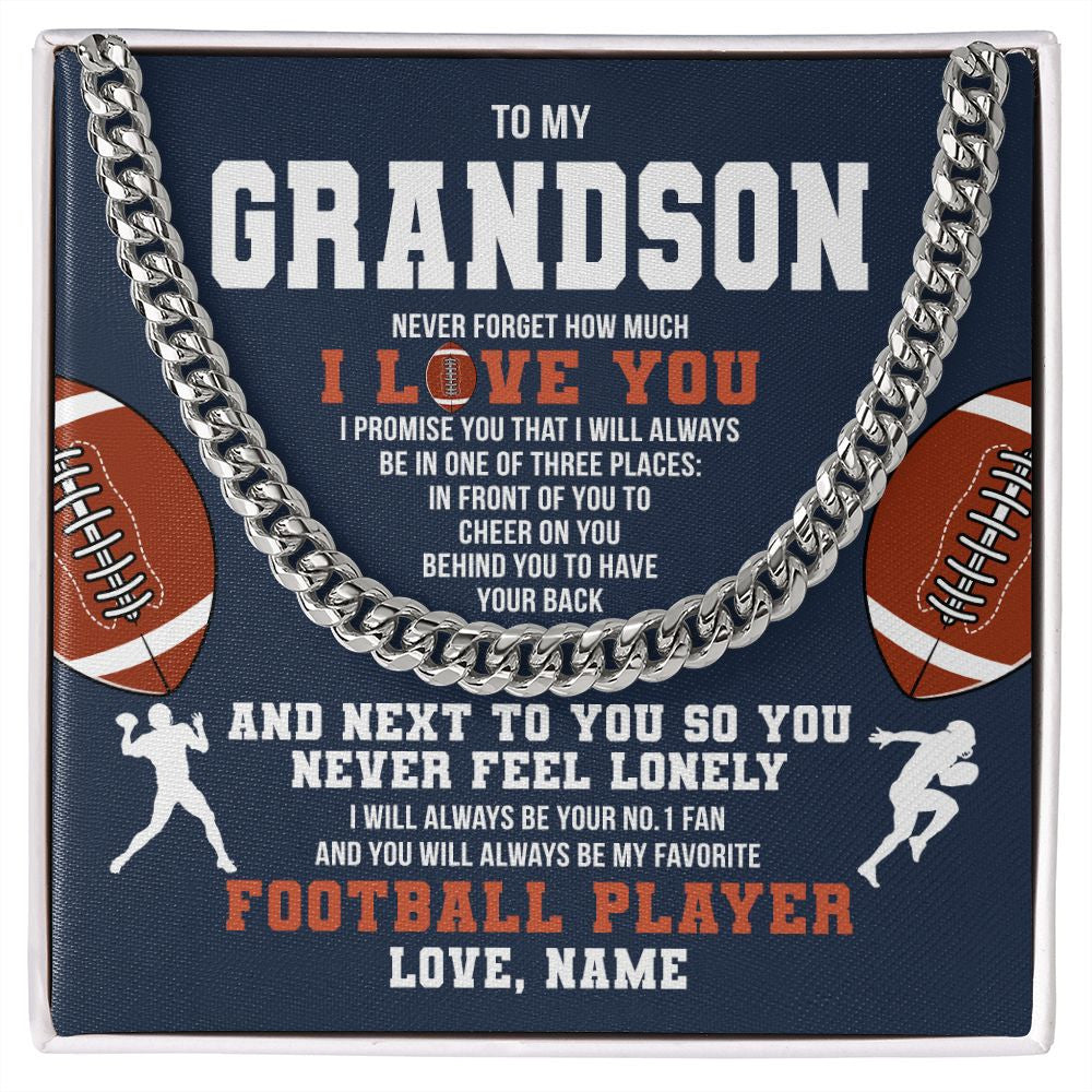 Cuban Link Chain Necklace | Personalized To My Grandson Necklace From Grandma Papa Never Forget I Love You Football Grandson Birthday Christmas Customized Gift Box Message Card | teecentury