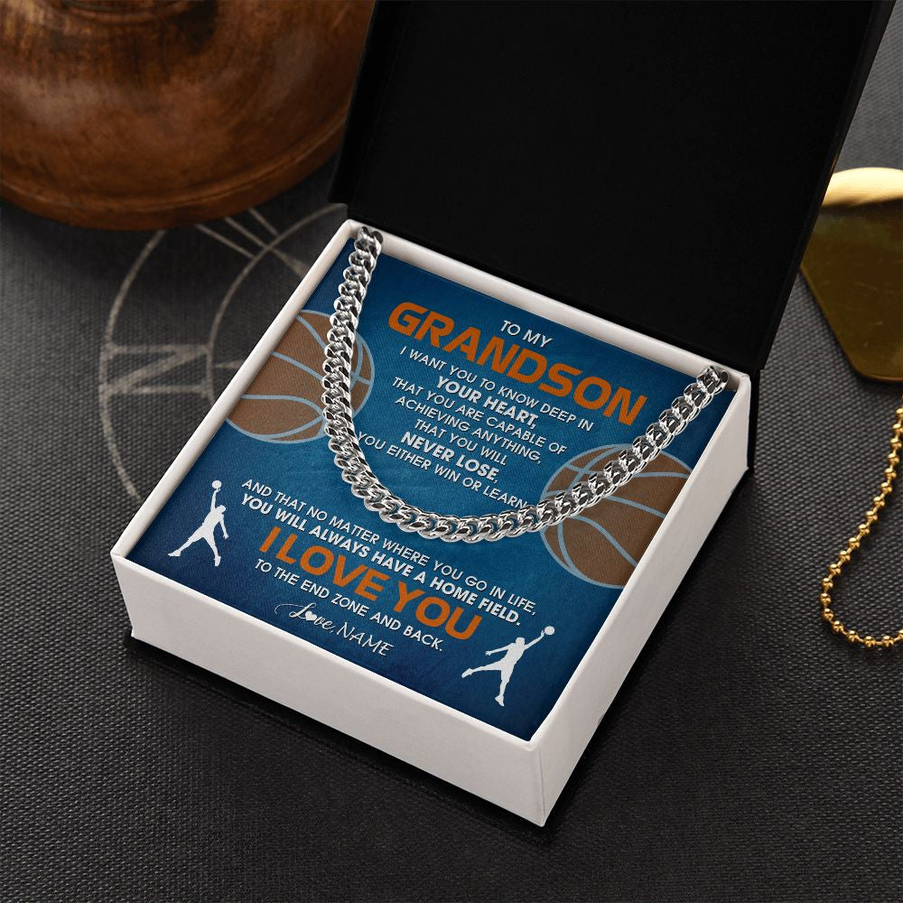 Cuban Link Chain Necklace | Personalized To My Grandson Necklace From Grandma Papa Never Lose Basketball Grandson Birthday Graduation Christmas Customized Gift Box Message Card | teecentury