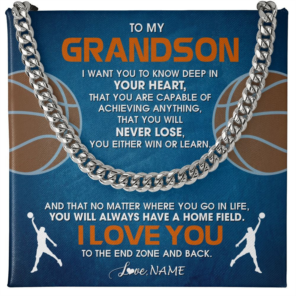 Cuban Link Chain Necklace | Personalized To My Grandson Necklace From Grandma Papa Never Lose Basketball Grandson Birthday Graduation Christmas Customized Gift Box Message Card | teecentury