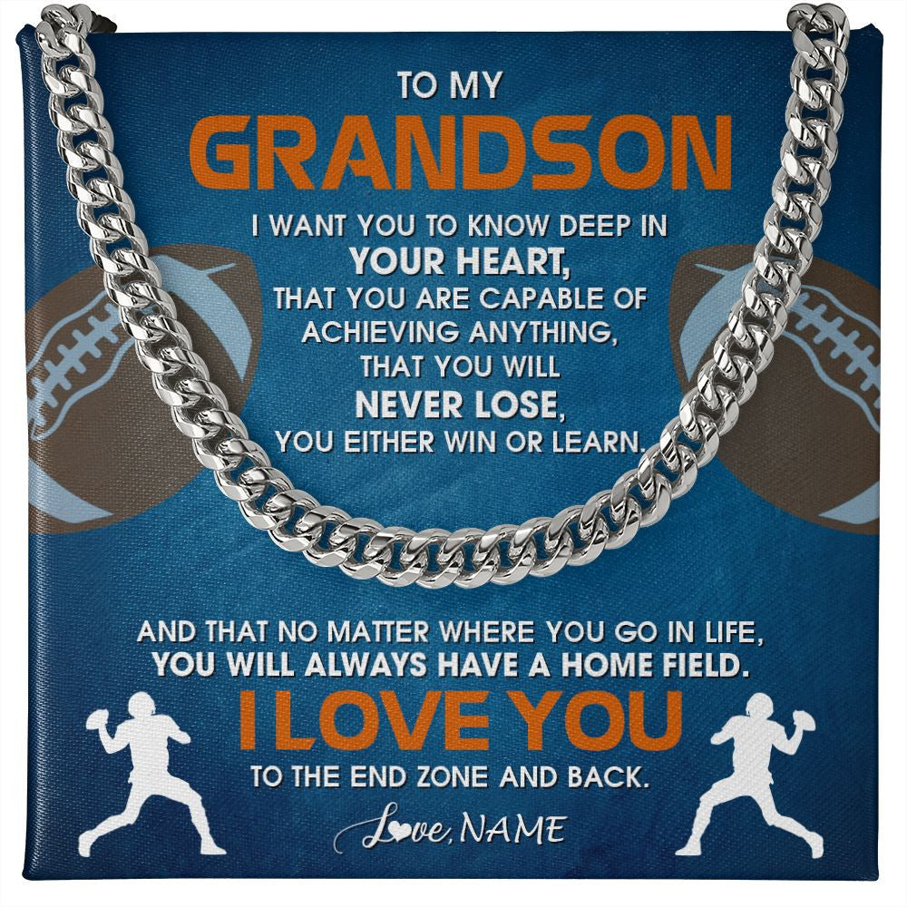 Cuban Link Chain Necklace | Personalized To My Grandson Necklace From Grandma Papa Never Lose Football Grandson Birthday Graduation Christmas Customized Gift Box Message Card | teecentury