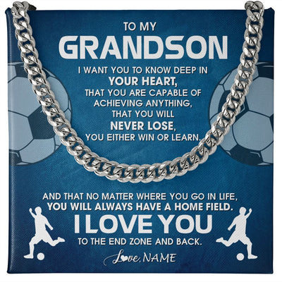 Cuban Link Chain Necklace | Personalized To My Grandson Necklace From Grandma Papa Never Lose Soccer Grandson Birthday Graduation Christmas Customized Gift Box Message Card | teecentury