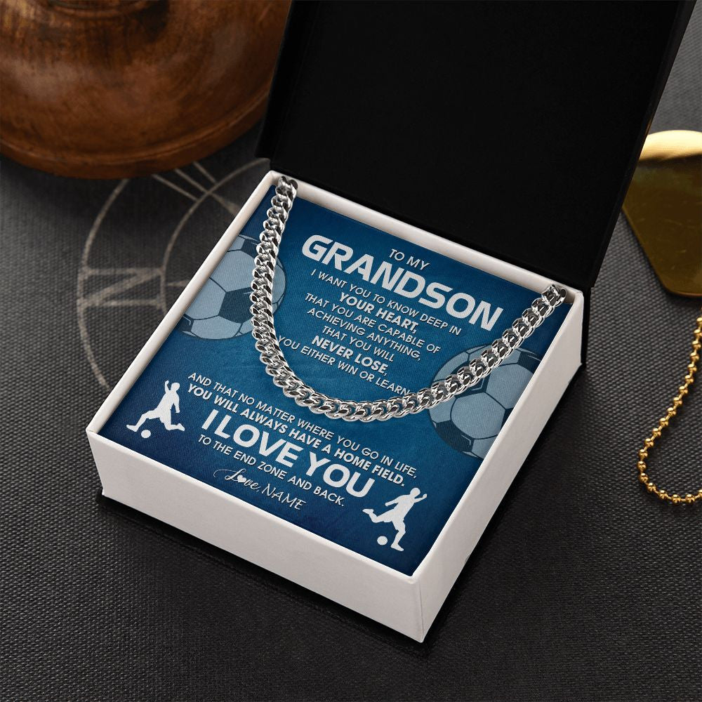 Cuban Link Chain Necklace | Personalized To My Grandson Necklace From Grandma Papa Never Lose Soccer Grandson Birthday Graduation Christmas Customized Gift Box Message Card | teecentury