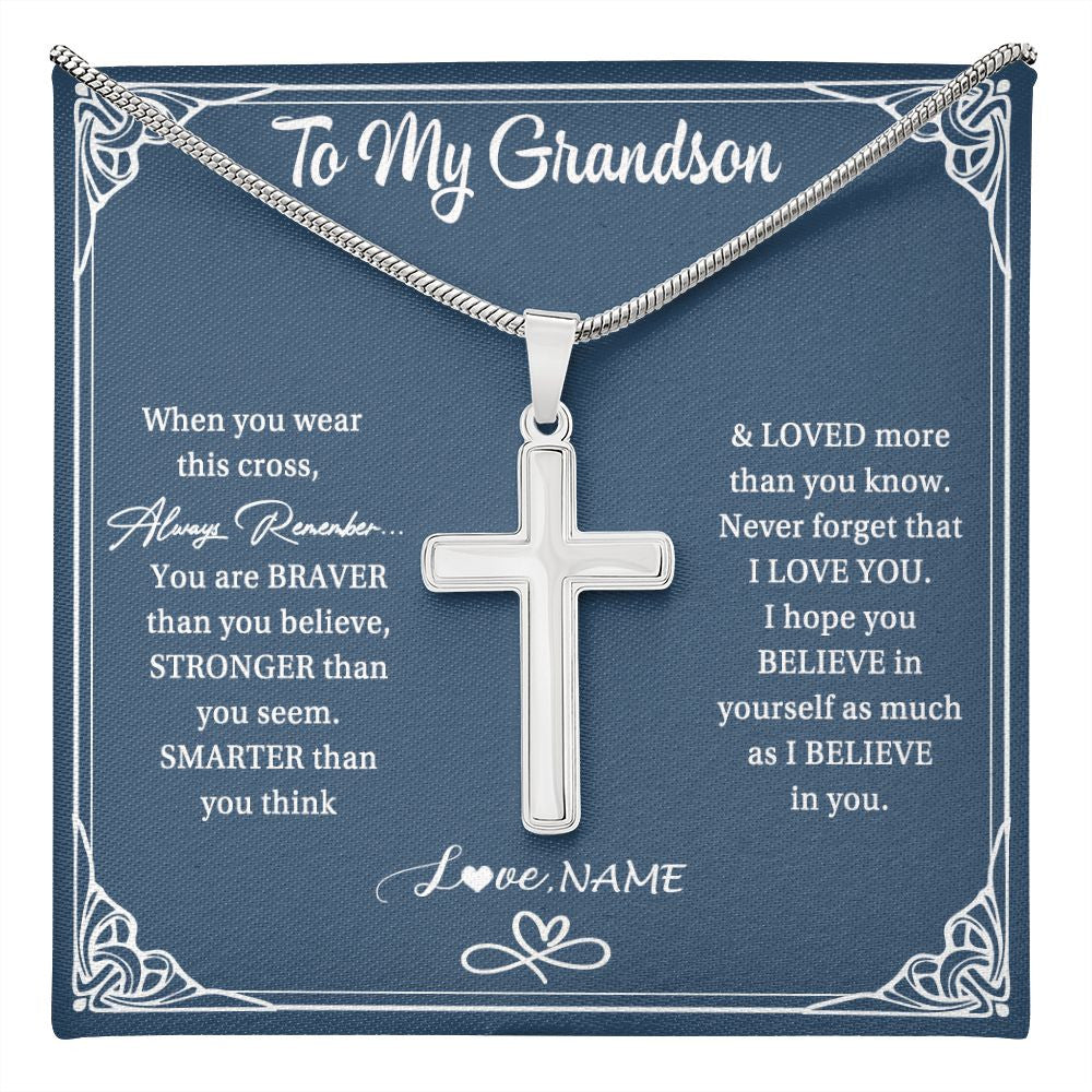 Stainless Cross Necklace | Personalized To My Grandson Necklace From Grandma Papa When Your Wear This Always Remember Grandson Birthday Christmas Customized Gift Box Message Card | teecentury