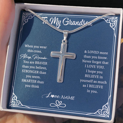 Stainless Cross Necklace | Personalized To My Grandson Necklace From Grandma Papa When Your Wear This Always Remember Grandson Birthday Christmas Customized Gift Box Message Card | teecentury