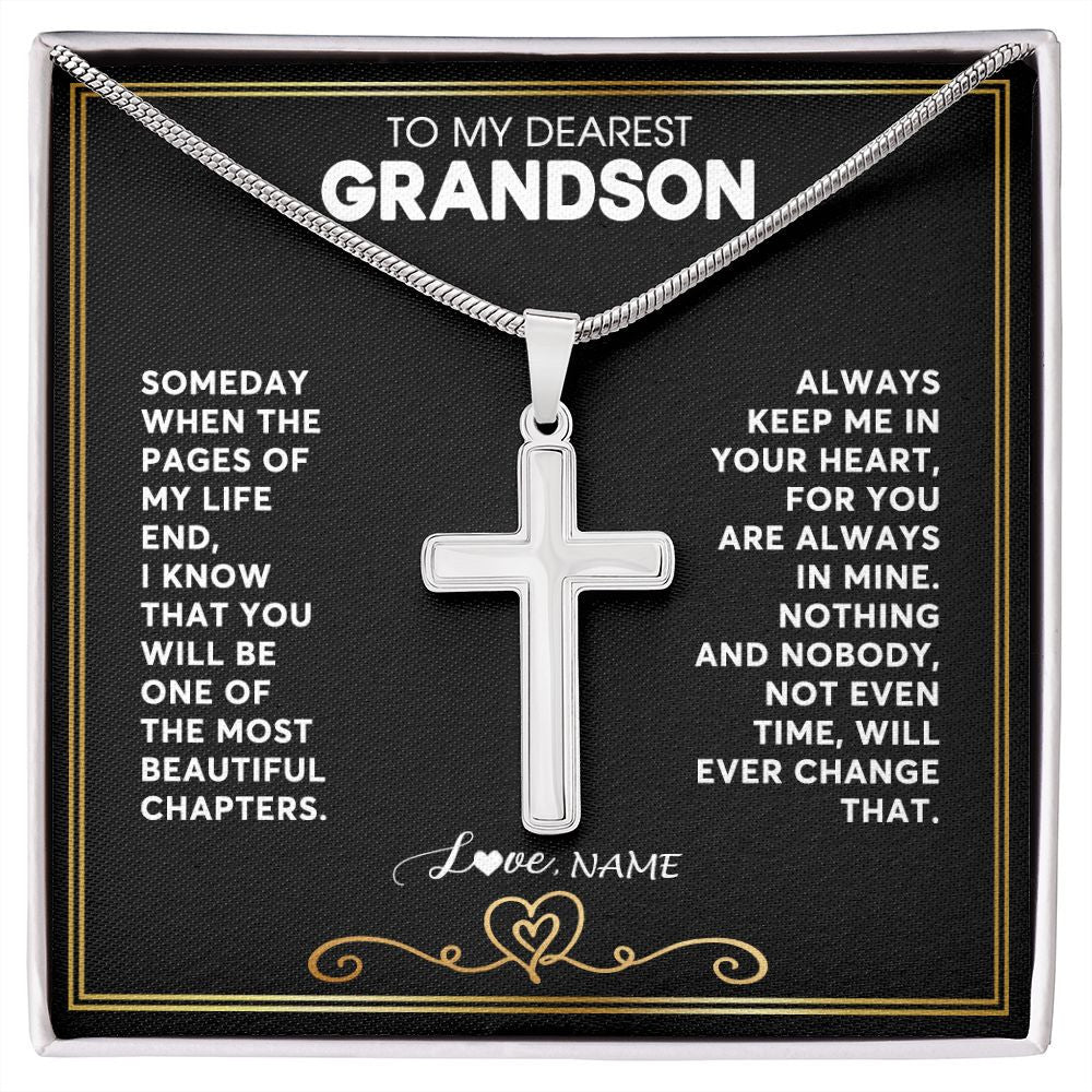Stainless Cross Necklace | Personalized To My Grandson Necklace From Grandmother Papa When The Pages Of My Life End Grandson Birthday Christmas Customized Gift Box Message Card | teecentury