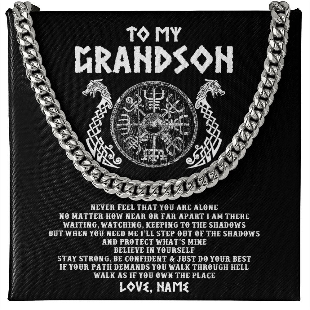 Cuban Link Chain Necklace | Personalized To My Grandson Necklace Viking Never Feel You Are Alone Odin Scandinavian Norse Runes Grandson Birthday Christmas Customized Gift Box Message Card | teecentury