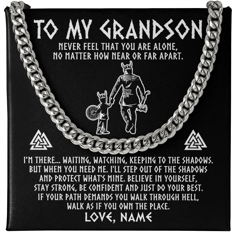 Cuban Link Chain Necklace | Personalized To My Grandson Necklace Viking Never Feel You Are Alone Scandinavian Runes Viking Grandson Birthday Christmas Customized Gift Box Message Card | teecentury
