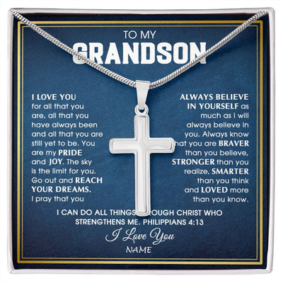 Stainless Cross Necklace | Personalized To My Grandson Necklace from Grandma Papa I Love You For All That You Are Grandson Birthday Graduation Christmas Customized Gift Box Message Card | teecentury