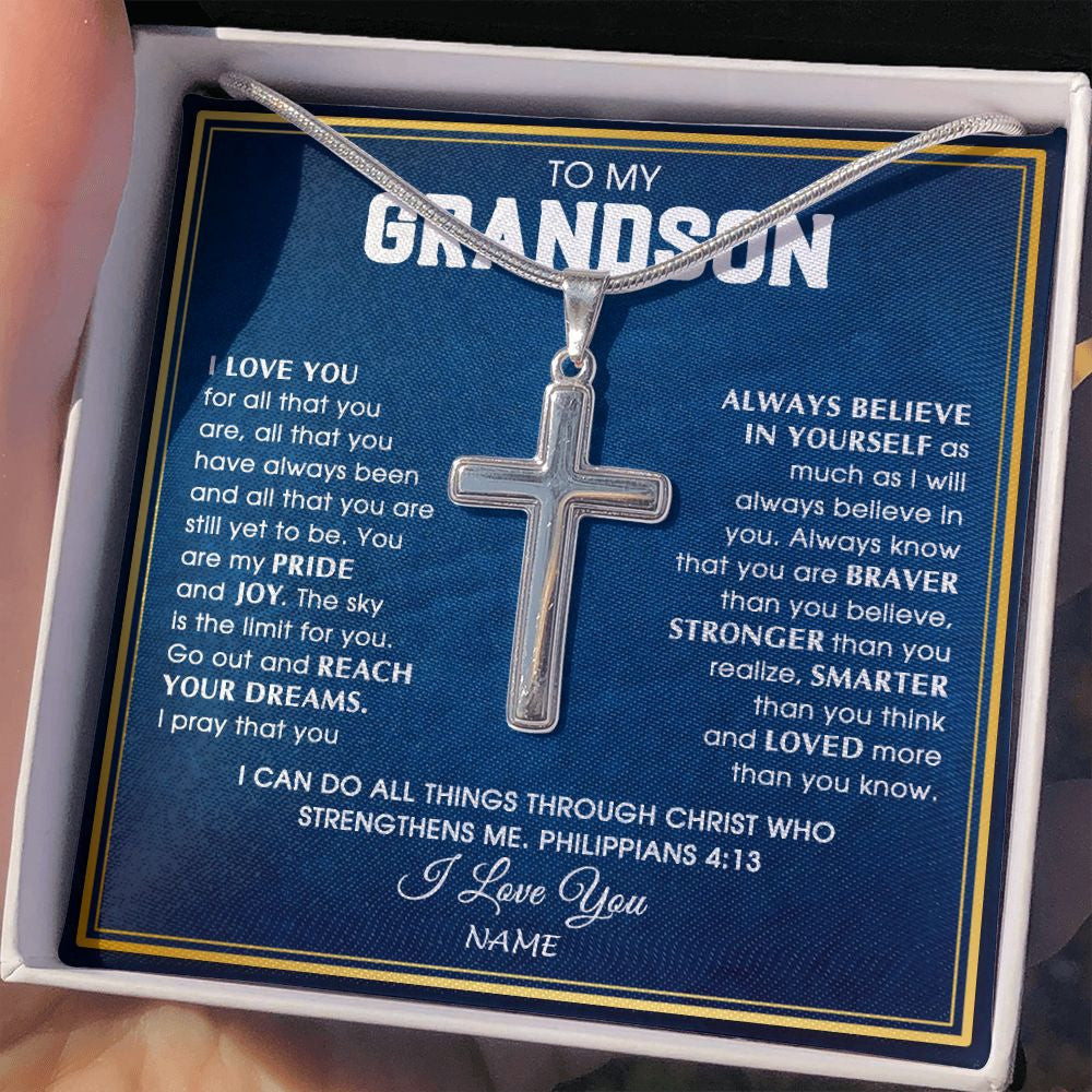 Stainless Cross Necklace | Personalized To My Grandson Necklace from Grandma Papa I Love You For All That You Are Grandson Birthday Graduation Christmas Customized Gift Box Message Card | teecentury