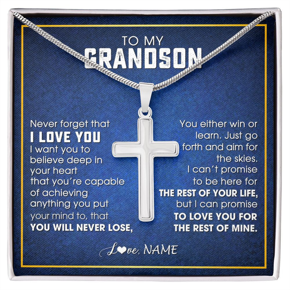Stainless Cross Necklace | Personalized To My Grandson Necklace from Grandma Papa Never Forget That I Love You Grandson Birthday Graduation Christmas Customized Gift Box Message Card | teecentury
