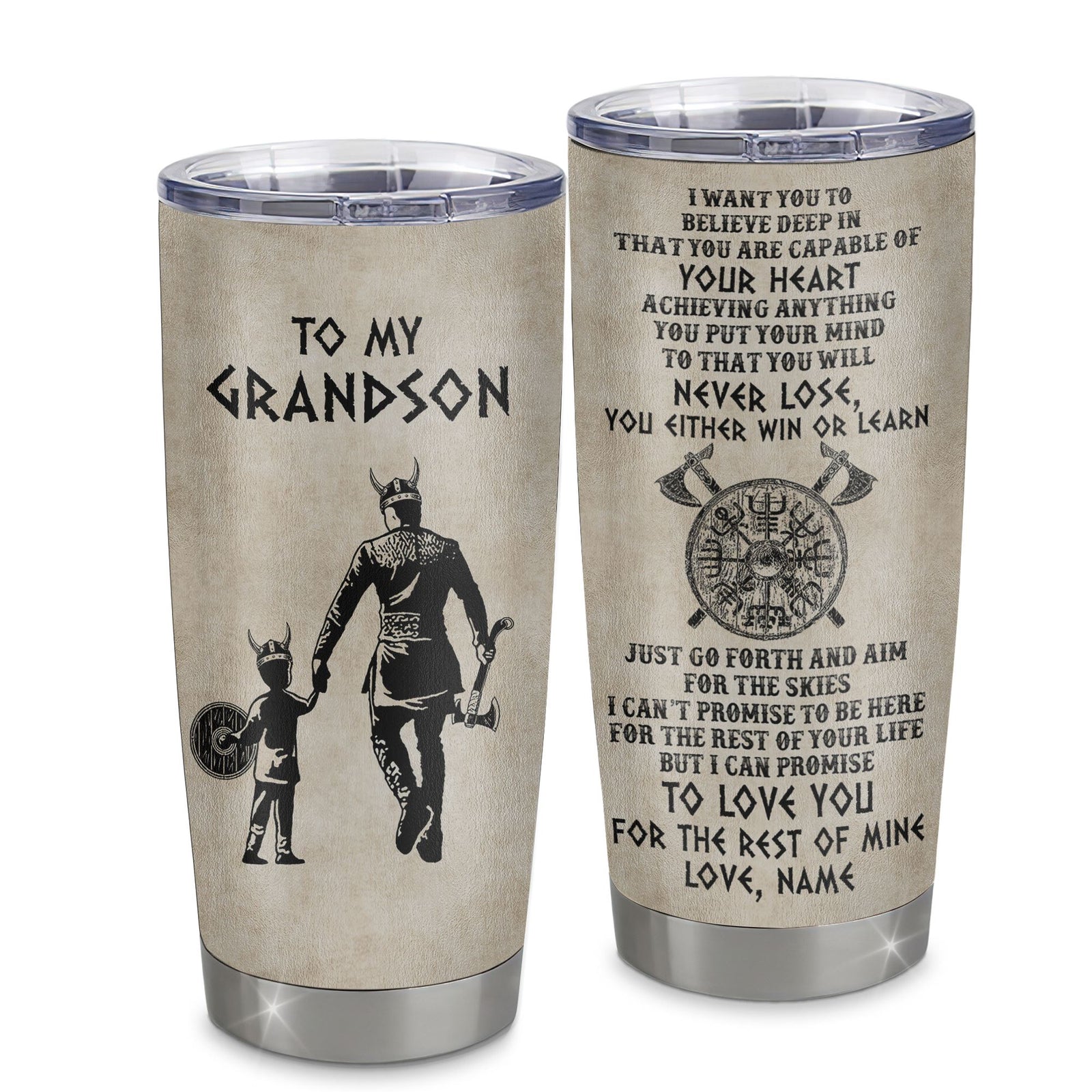Personalized To My Grandson Tumbler From Grandpa Papa Stainless Steel Cup You Will Never Lose Viking Grandson Birthday Graduation Christmas Travel Mug | teecentury