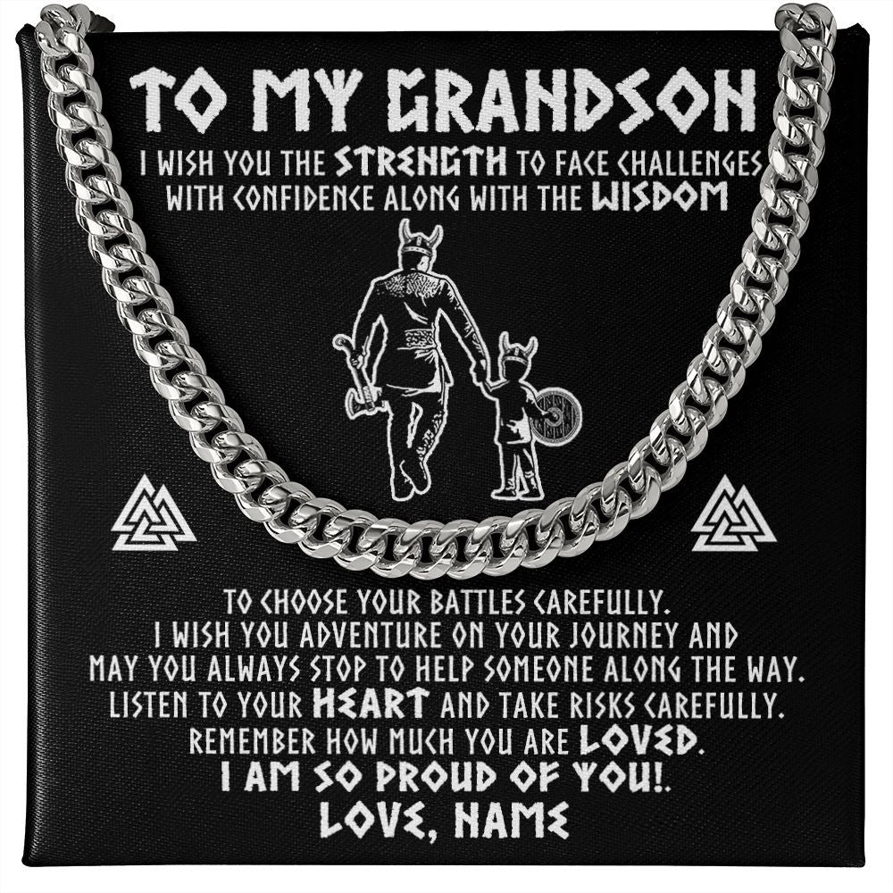 Cuban Link Chain Necklace | Personalized To My Grandson Viking Necklace From Papa Grandpa I Am So Proud Of You Runes Viking Grandson Birthday Christmas Customized Gift Box Message Card | teecentury