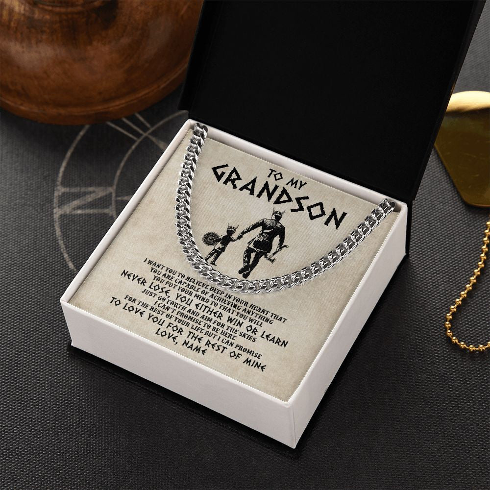 Cuban Link Chain Necklace | Personalized To My Granson Necklace From Grandpa Papa You Will Never Lose Viking Granson Birthday Graduation Christmas Customized Gift Box Message Card | teecentury