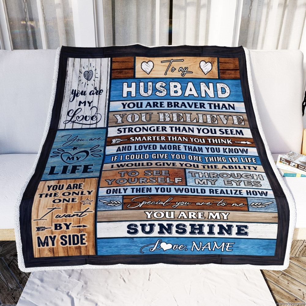 Personalized To My Husband Blanket From Wife Wood You Are My Sunshine I Love You Husband Anniversary Valentines Day Wedding Christmas Fleece Throw Blanket | teecentury