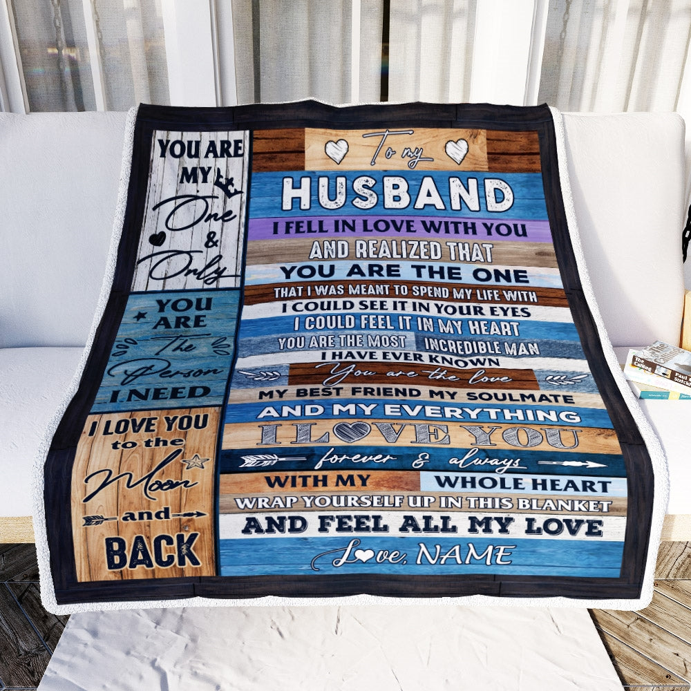 Personalized To My Husband Blanket From Wife's Name Wood I Fell In Love With You Wife Anniversary Valentines Day Wedding Christmas Fleece Throw Blanket Blanket | Teecentury.com
