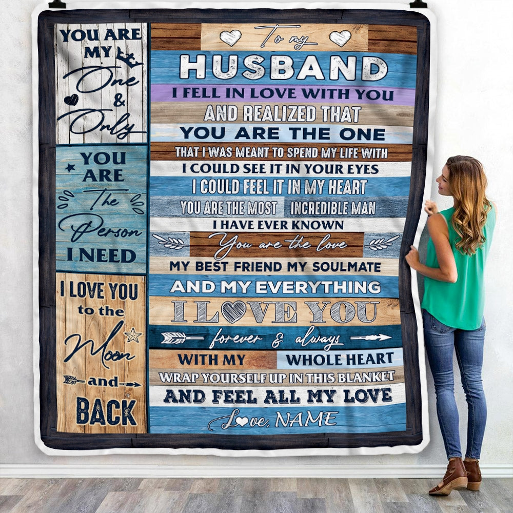 Personalized To My Husband Blanket From Wife's Name Wood I Fell In Love With You Wife Anniversary Valentines Day Wedding Christmas Fleece Throw Blanket Blanket | Teecentury.com