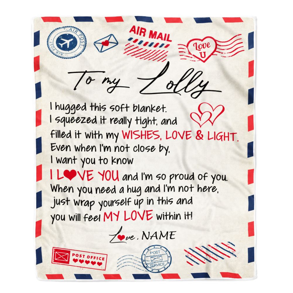 Personalized To My Lolly Blanket From Grandkids Grandson Air Mail Letter I Love You Lolly Birthday Mothers Day Christmas Customized Fleece Throw Blanket | teecentury