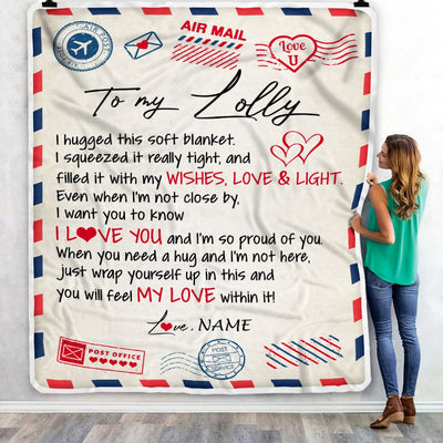 Personalized To My Lolly Blanket From Grandkids Grandson Air Mail Letter I Love You Lolly Birthday Mothers Day Christmas Customized Fleece Throw Blanket | teecentury