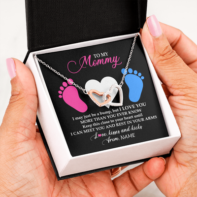 Interlocking Hearts Necklace | Personalized To My Mommy Necklace Heart Feet Baby Shower Gift First Time for Pregnant Mom Happy 1st Mothers Day Customized Message Card and Gift Box | teecentury
