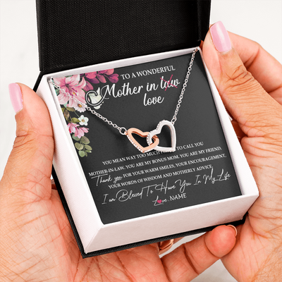 Interlocking Hearts Necklace | Personalized To My Mother In Law Necklace From Daughter In Law You Are My Bonus Mom Jewelry Birthday Mothers Day Christmas Customized Gift Box Message Card | teecentury