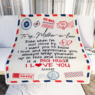 Personalized To My Mother in law Blanket From Son Daughter in law I Love You Hugs Air Mail Letter Birthday Thanksgiving Christmas Customized Fleece Blanket Blanket | Teecentury.com