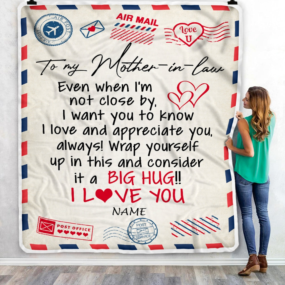 Personalized To My Mother in law Blanket From Son Daughter in law I Love You Hugs Air Mail Letter Birthday Thanksgiving Christmas Customized Fleece Blanket Blanket | Teecentury.com