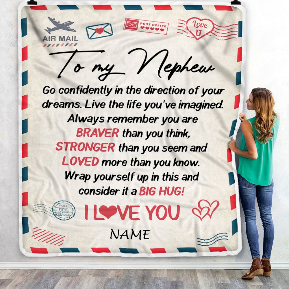 Personalized To My Nephew Blanket From Aunt Uncle Air Mail Letter Confidently I Love You Nephew Birthday Graduation Christmas Customized Fleece Throw Blanket | teecentury