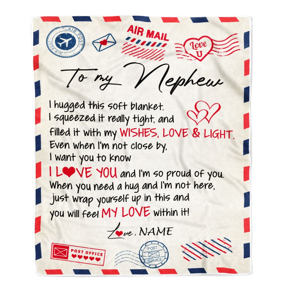 Personalized To My Nephew Blanket From Aunt Uncle Auntie Air Mail Letter I Love You Nephew Birthday Christmas Customized Fleece Throw Blanket | teecentury