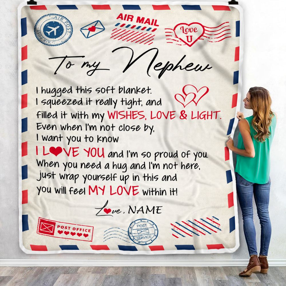 Personalized To My Nephew Blanket From Aunt Uncle Auntie Air Mail Letter I Love You Nephew Birthday Christmas Customized Fleece Throw Blanket | teecentury