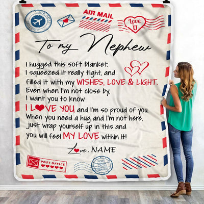 Personalized To My Nephew Blanket From Aunt Uncle Auntie Air Mail Letter I Love You Nephew Birthday Christmas Customized Fleece Throw Blanket | teecentury